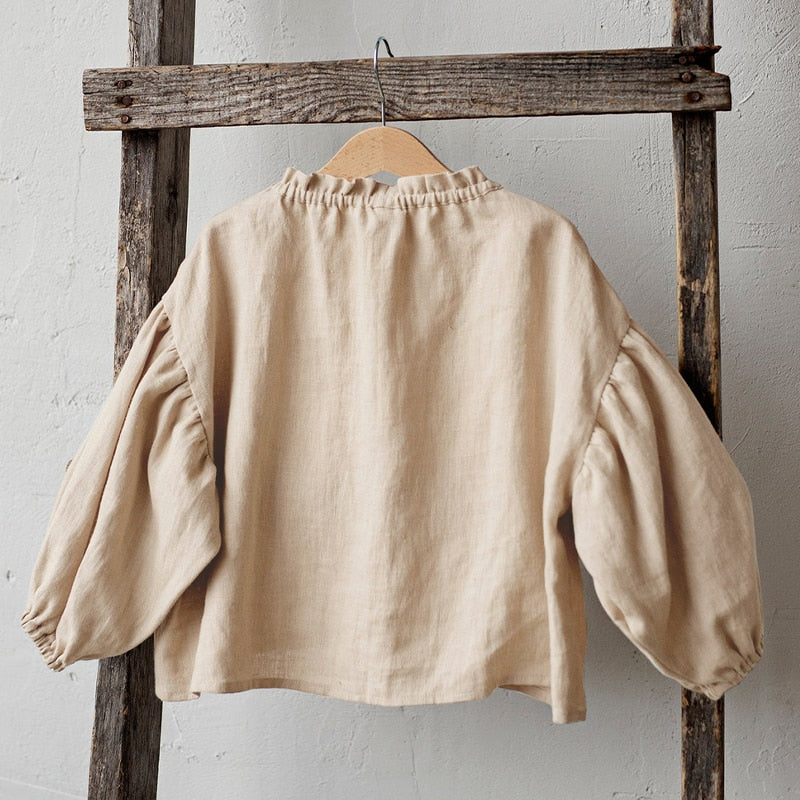 Retro Long Sleeve Cotton and Linen Girls Blouse