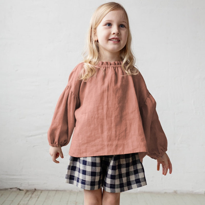 Retro Long Sleeve Cotton and Linen Girls Blouse