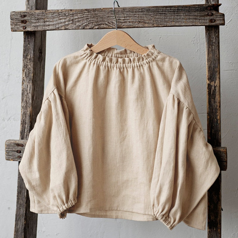 Retro Long Sleeve Cotton and Linen Girls Blouse