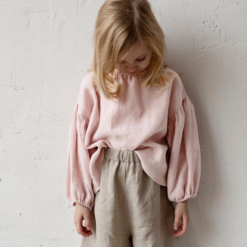 Retro Long Sleeve Cotton and Linen Girls Blouse