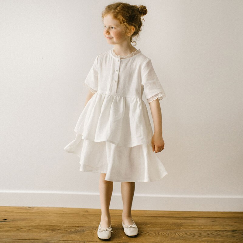 Short-Sleeve Layered Cotton Linen Dress