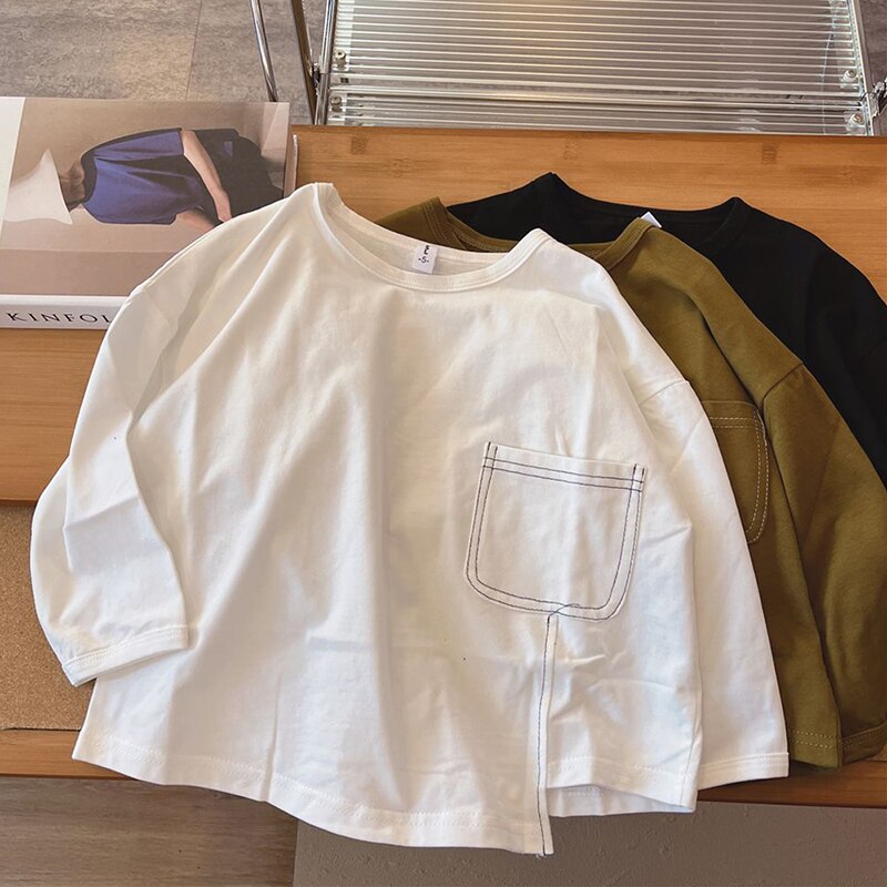 Boys Irregular Hem Long-Sleeved T-Shirts With Pocket Autumn