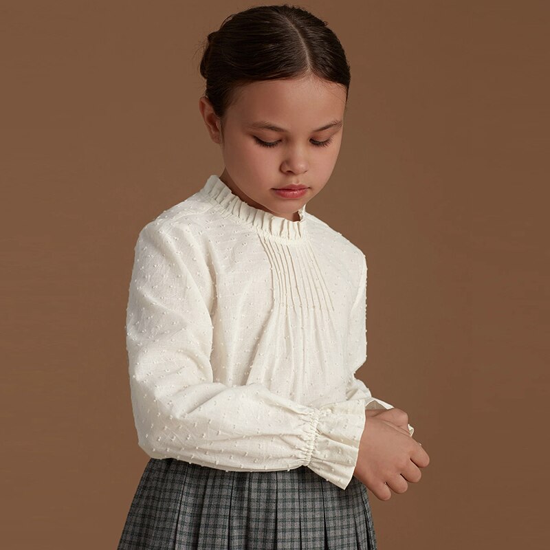 100% Cotton Girls Elegant Ruched Crew Neck Long Sleeved Blouse