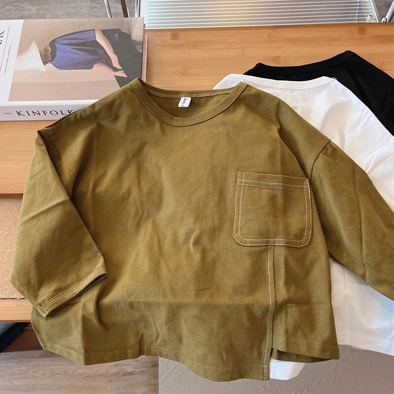 Boys Irregular Hem Long-Sleeved T-Shirts With Pocket Autumn