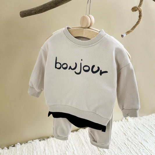 Unisex Bonjour Long Sleeve Top and Pants Casual Set