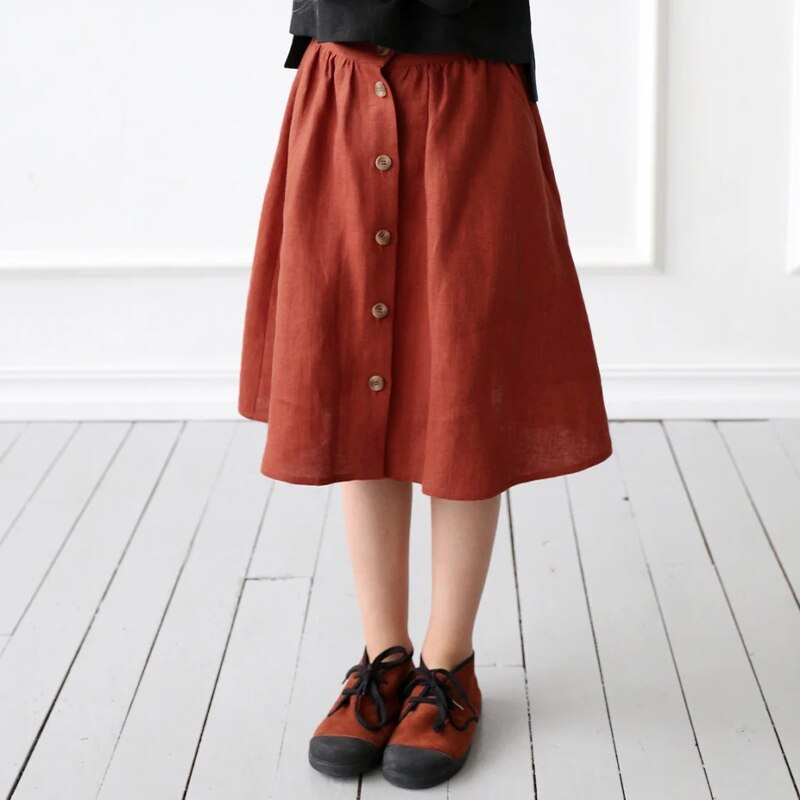 Cotton And Linen Button Ruffled Retro Skirt With Pockets