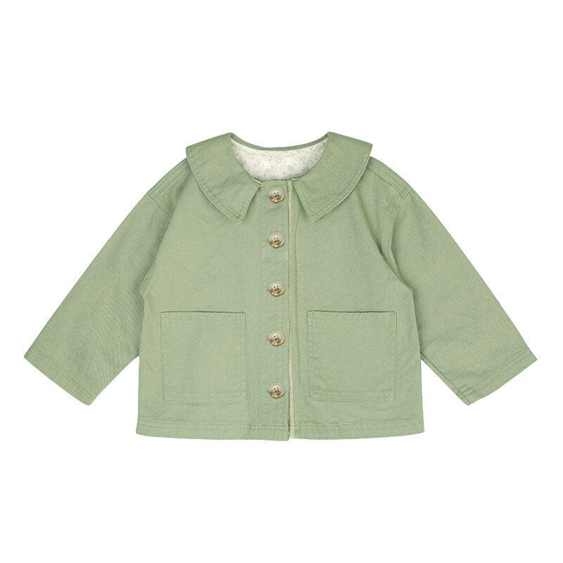 100% Cotton Girls Long-Sleeved Jacket Retro Solid Color Turn-down Collar Double Pockets