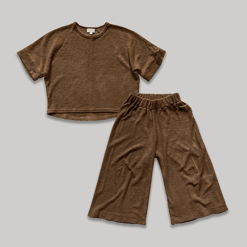 Girls Terry Cloth 3/4 Sleeve T-Shirt Wide-Legged Pants 2pcs Set Autumn Loungewear