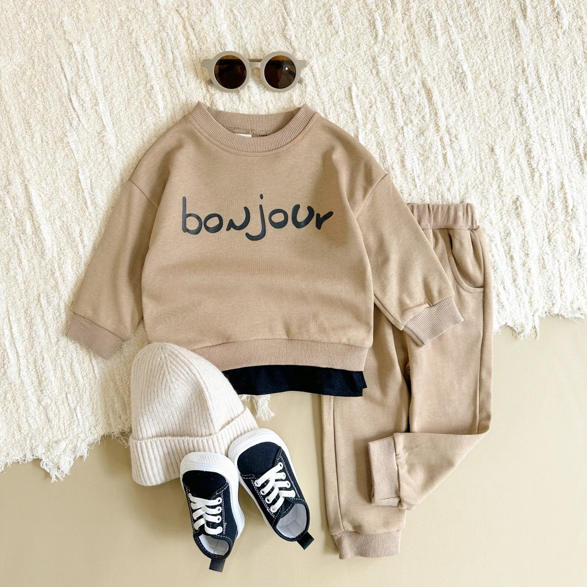 Unisex Bonjour Long Sleeve Top and Pants Casual Set