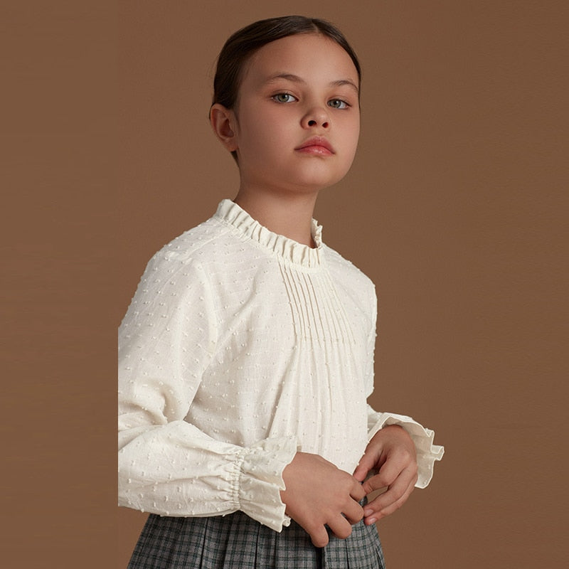 100% Cotton Girls Elegant Ruched Crew Neck Long Sleeved Blouse