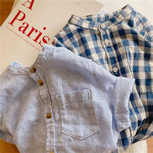 Unisex Cotton Short-Sleeved Striped/Plaid Shirts With Pocket