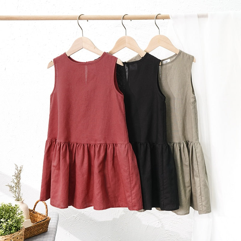 Girls Cotton And Linen Retro Sleeveless Dress Ruffled Casual Loose