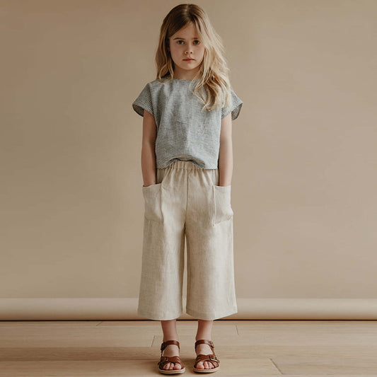 Retro Girls Cotton And Linen Ankle-Length Pants With Pockets