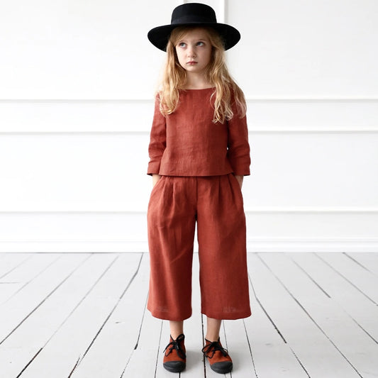 Girls Retro Brick Red Cotton And Linen Casual Three Quarter Sleeve Top and Straight Pants 2pcs Set